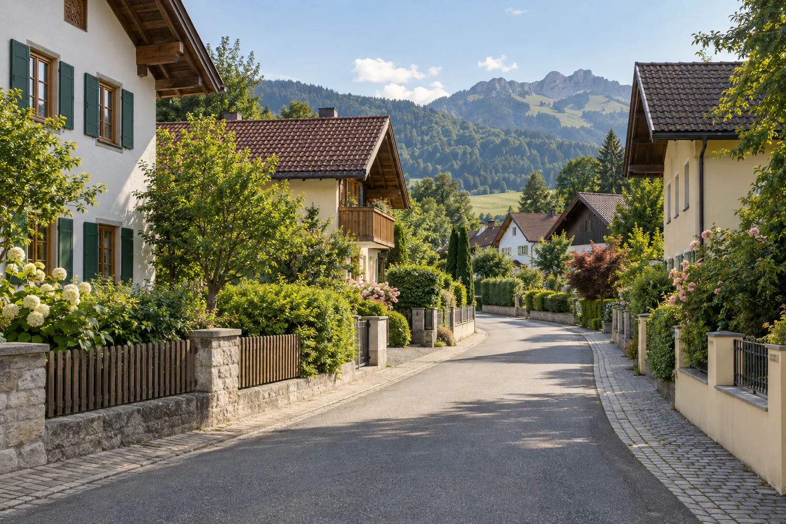 Wohnstraße mit Einfamilienhäusern in Bayern